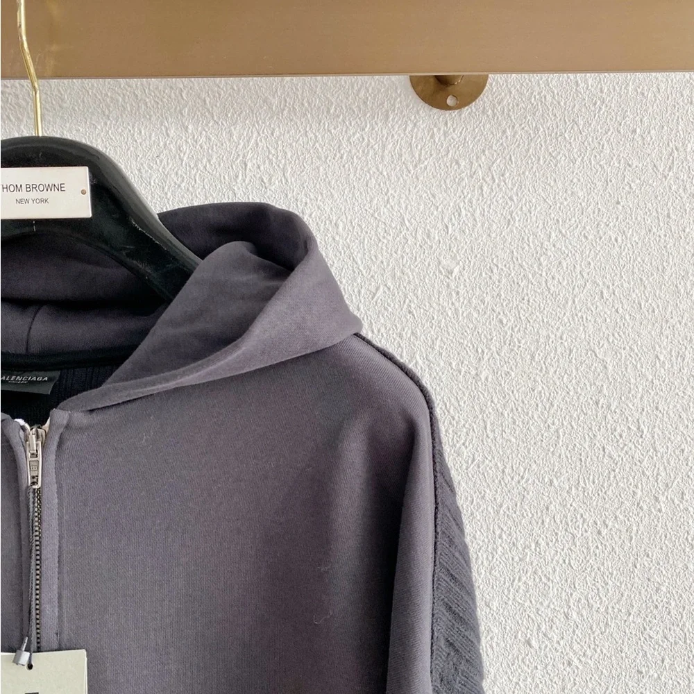Balenciaga Black Ribbed Crewneck Sweater with Gray Logo Hood